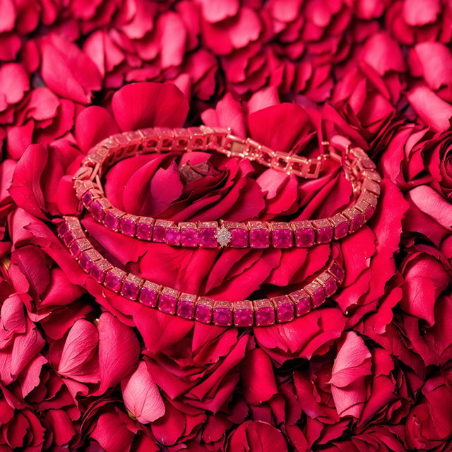 Editorial-style photograph featuring a 32k Van Cleef and Arpels tennis bracelet made from gold and rubies, delicately arranged on a bed of vibrant rose petals