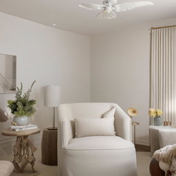 A beautiful 12x12 room with blank walls, tastefully decorated with chic furniture, cozy accessories and warm lighting.