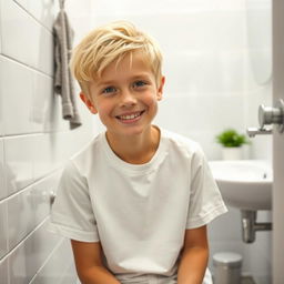 A handsome and cute Moscow boy, with sweet blonde hair, wearing a simple white T-shirt, sitting in a modern toilet