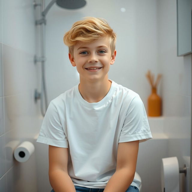 A handsome and cute Moscow boy, with sweet blonde hair, wearing a simple white T-shirt, sitting in a modern toilet