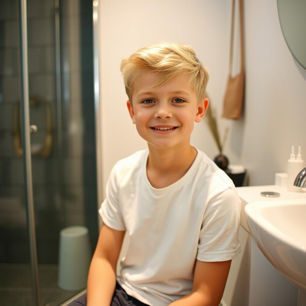 A handsome and cute Moscow boy, with sweet blonde hair, wearing a simple white T-shirt, sitting in a modern toilet