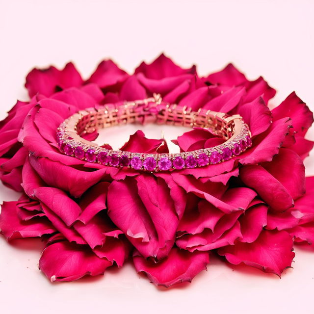 A 32k Van Cleef and Arpels tennis bracelet made from gold and rubies, delicately arranged on a bed of vibrant rose petals in an editorial-style photograph