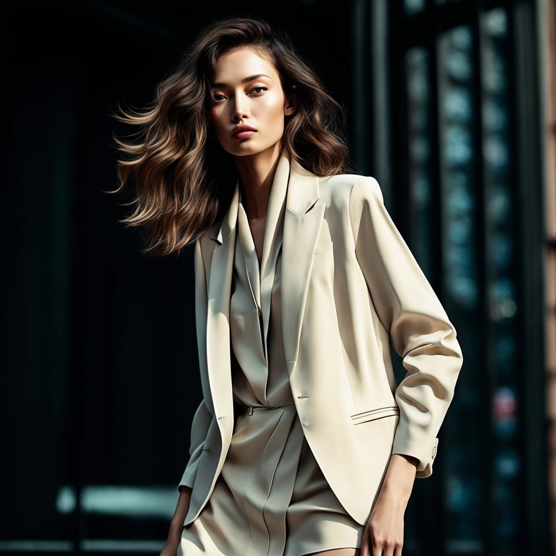 High-resolution, zoomed-out photograph of a model in a short dress and blazer combo, exuding a casual, day-to-day high fashion vibe