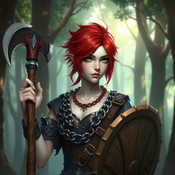 Aasimar character with very light skin, striking green eyes, and bright red hair