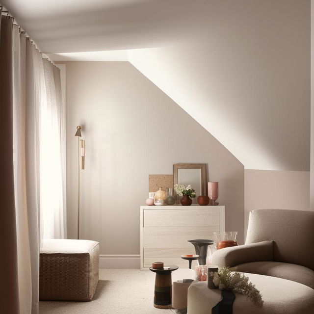 A beautiful 12x12 room with blank walls, tastefully decorated with chic furniture, cozy accessories and warm lighting.