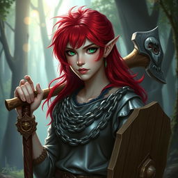 Aasimar character with very light skin, striking green eyes, and bright red hair
