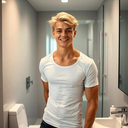 A handsome and cute Moscow boy with sweet blonde hair and a muscular body, wearing a fitted white T-shirt that showcases his physique