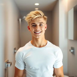 A handsome and cute Moscow boy with sweet blonde hair and a muscular body, wearing a fitted white T-shirt that showcases his physique