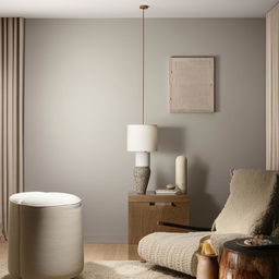 A beautiful 12x12 room with blank walls, tastefully decorated with chic furniture, cozy accessories and warm lighting.