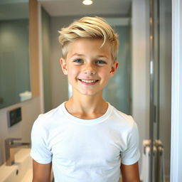 A handsome and cute Moscow boy with sweet blonde hair and a muscular body, wearing a fitted white T-shirt that highlights his physique, standing in a stylish, well-lit toilet