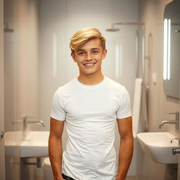 A handsome and cute Moscow boy with sweet blonde hair and a muscular body, wearing a fitted white T-shirt that highlights his physique, standing in a stylish, well-lit toilet