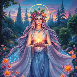 A vibrant scene depicting a majestic goddess in a lush, ethereal landscape