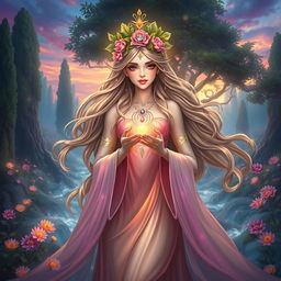 A vibrant scene depicting a majestic goddess in a lush, ethereal landscape