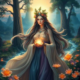 A vibrant scene depicting a majestic goddess in a lush, ethereal landscape