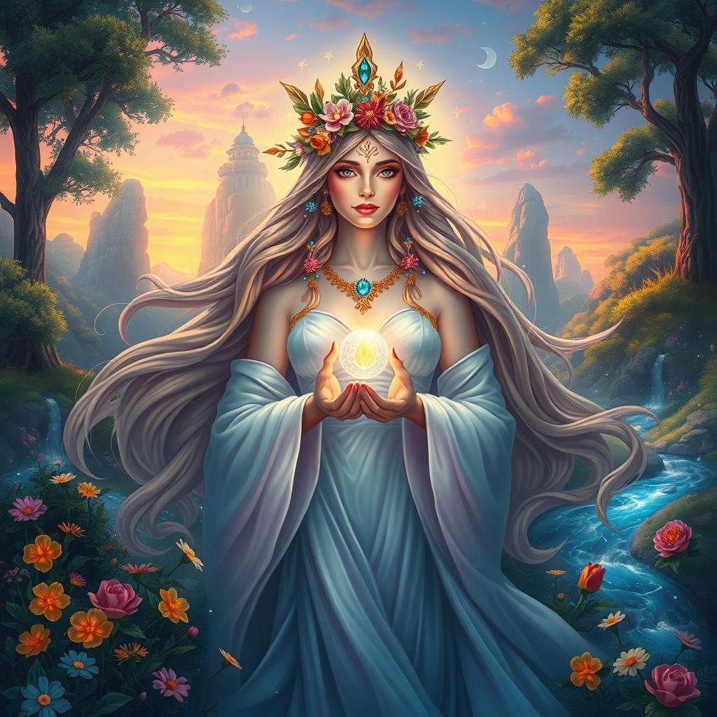 A vibrant scene depicting a majestic goddess in a lush, ethereal landscape