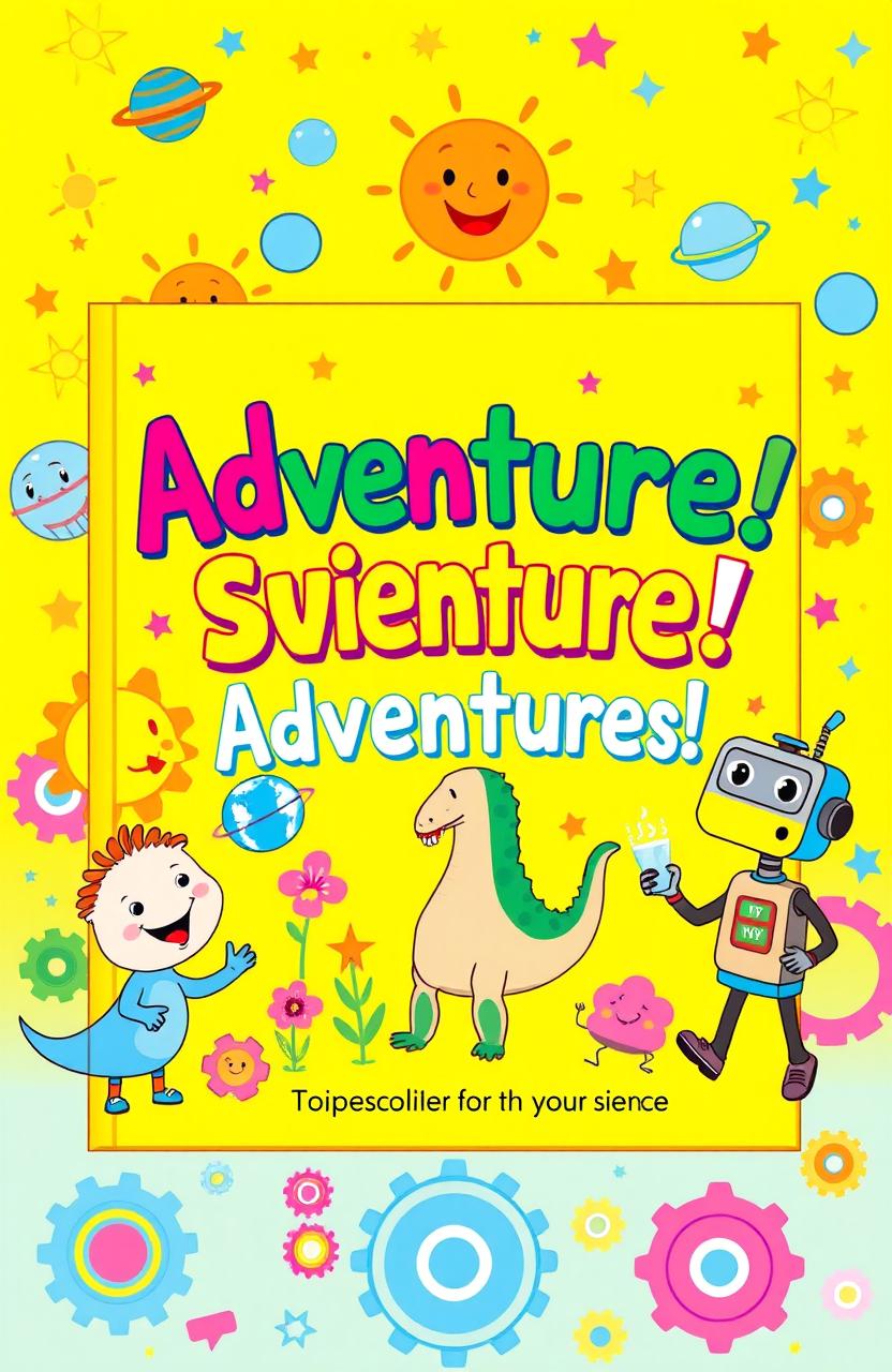 A vibrant and colorful illustration of a science book for preschool children, featuring friendly cartoon characters like a smiling sun, a playful dinosaur, and a curious little robot exploring various science concepts