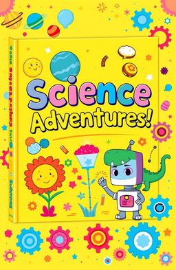 A vibrant and colorful illustration of a science book for preschool children, featuring friendly cartoon characters like a smiling sun, a playful dinosaur, and a curious little robot exploring various science concepts