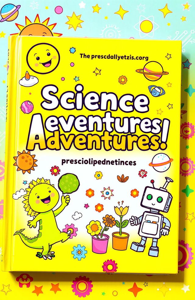 A vibrant and colorful illustration of a science book for preschool children, featuring friendly cartoon characters like a smiling sun, a playful dinosaur, and a curious little robot exploring various science concepts