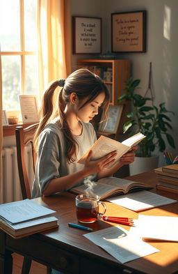 A beautiful, serene scene depicting a student sitting at a wooden desk in a cozy study room, filled with warm sunlight pouring in through a window