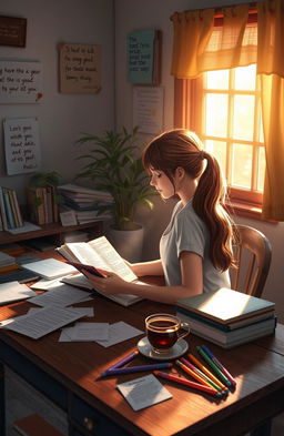 A beautiful, serene scene depicting a student sitting at a wooden desk in a cozy study room, filled with warm sunlight pouring in through a window