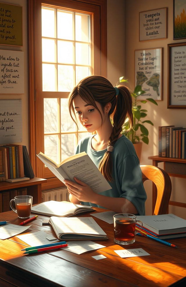 A beautiful, serene scene depicting a student sitting at a wooden desk in a cozy study room, filled with warm sunlight pouring in through a window