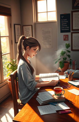 A beautiful, serene scene depicting a student sitting at a wooden desk in a cozy study room, filled with warm sunlight pouring in through a window