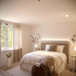 A beautiful 12x12 room with blank walls, tastefully decorated with chic furniture, cozy accessories and warm lighting.