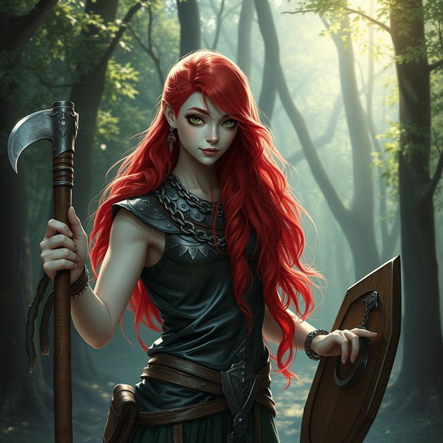 Aasimar character with very light skin, captivating green eyes, and long, flowing bright red hair