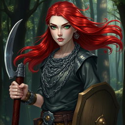 Aasimar character with very light skin, captivating green eyes, and long, flowing bright red hair