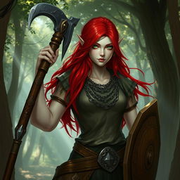 Aasimar character with very light skin, captivating green eyes, and long, flowing bright red hair