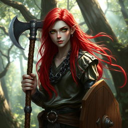 Aasimar character with very light skin, captivating green eyes, and long, flowing bright red hair