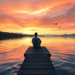 A serene and peaceful scene depicting a lone figure sitting comfortably on a wooden dock by a calm lake during sunset