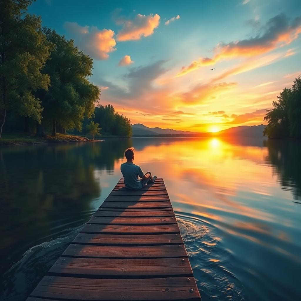 A serene and peaceful scene depicting a lone figure sitting comfortably on a wooden dock by a calm lake during sunset