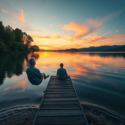 A serene and peaceful scene depicting a lone figure sitting comfortably on a wooden dock by a calm lake during sunset