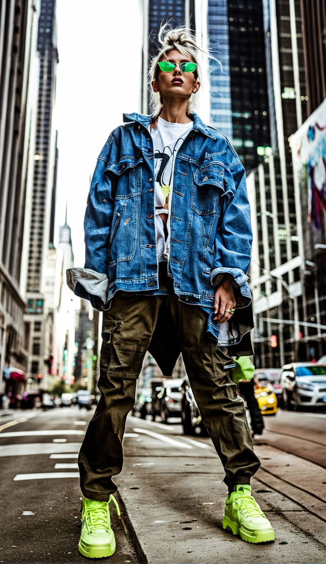 A model in high fashion streetwear poses in an urban setting