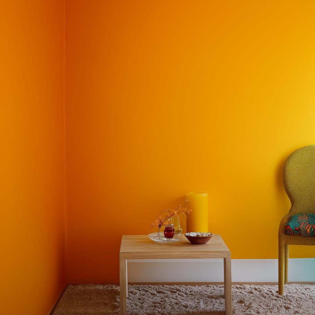 A vibrant 12x12 room with walls painted in a bright 'chatkile' color. The room is tastefully decorated to complement the wall color.