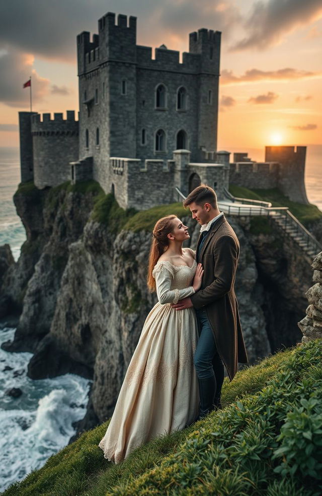 A romantic scene set in 17th Century Northern Ireland, featuring the majestic Dunluce Castle perched atop the rugged cliffs by the sea