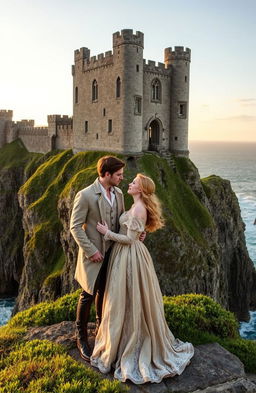A romantic scene set in 17th Century Northern Ireland, featuring the majestic Dunluce Castle perched atop the rugged cliffs by the sea