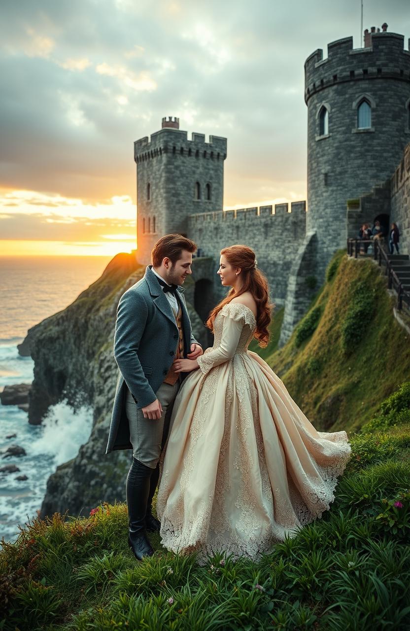 A romantic scene set in 17th Century Northern Ireland, featuring the majestic Dunluce Castle perched atop the rugged cliffs by the sea