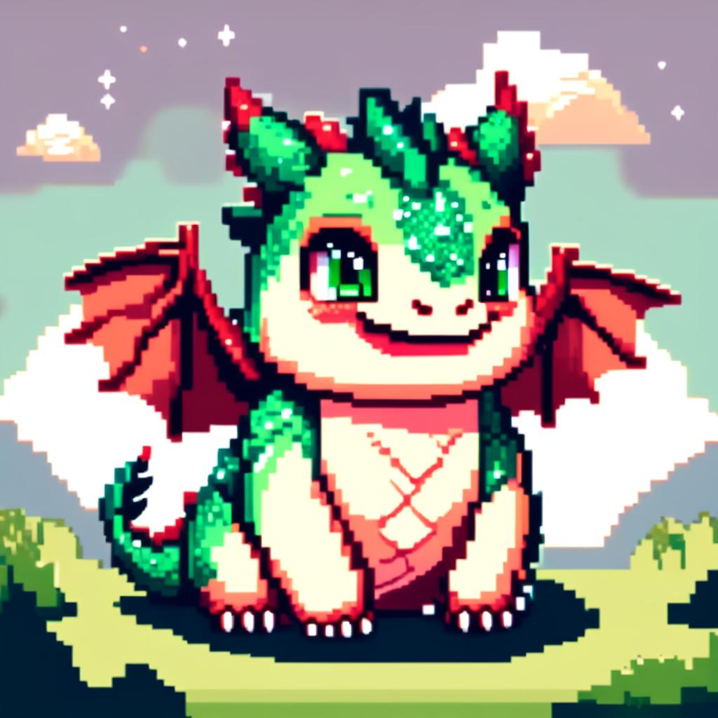 Pixel art profile picture featuring an adorable, chubby dragon with emerald green scales and sparkling blue eyes against a sky blue background