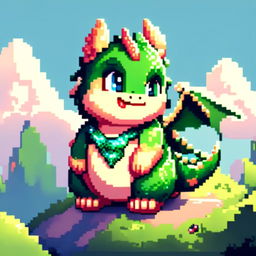 Pixel art profile picture featuring an adorable, chubby dragon with emerald green scales and sparkling blue eyes against a sky blue background