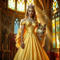 A loyal princess standing gracefully in an opulent castle, adorned in an elegant gown that shimmers like gold