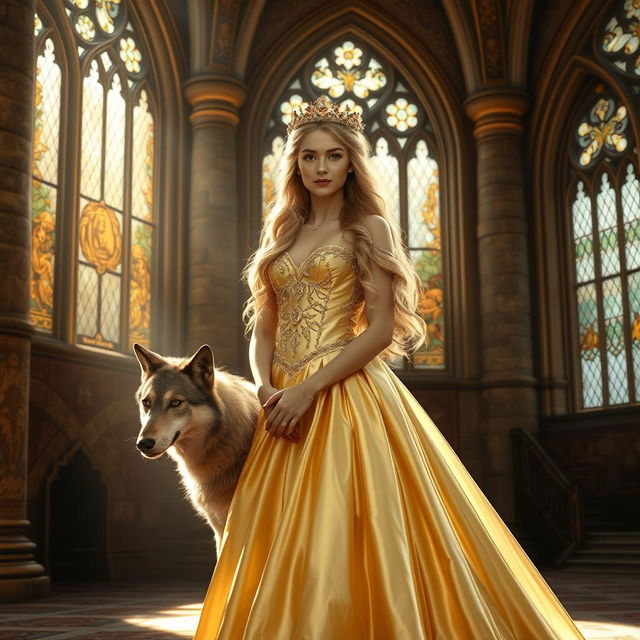 A loyal princess standing gracefully in an opulent castle, adorned in an elegant gown that shimmers like gold