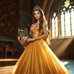 A loyal princess standing gracefully in an opulent castle, adorned in an elegant gown that shimmers like gold