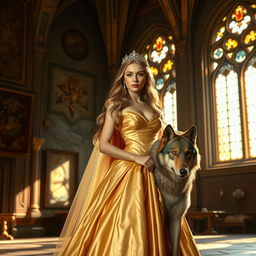 A loyal princess standing gracefully in an opulent castle, adorned in an elegant gown that shimmers like gold