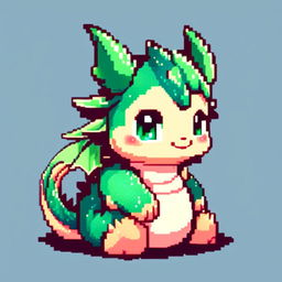 Pixel art profile picture featuring an adorable, chubby dragon with emerald green scales and sparkling blue eyes against a sky blue background