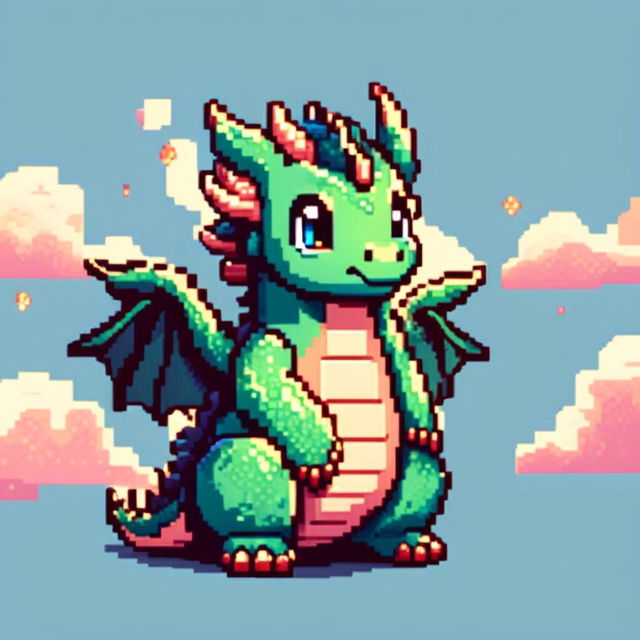 Pixel art profile picture featuring an adorable, chubby dragon with emerald green scales and sparkling blue eyes against a sky blue background