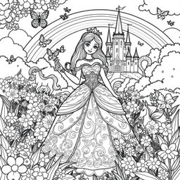 A beautiful and whimsical coloring book page featuring a princess in an enchanting fairy tale setting
