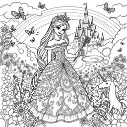 A beautiful and whimsical coloring book page featuring a princess in an enchanting fairy tale setting