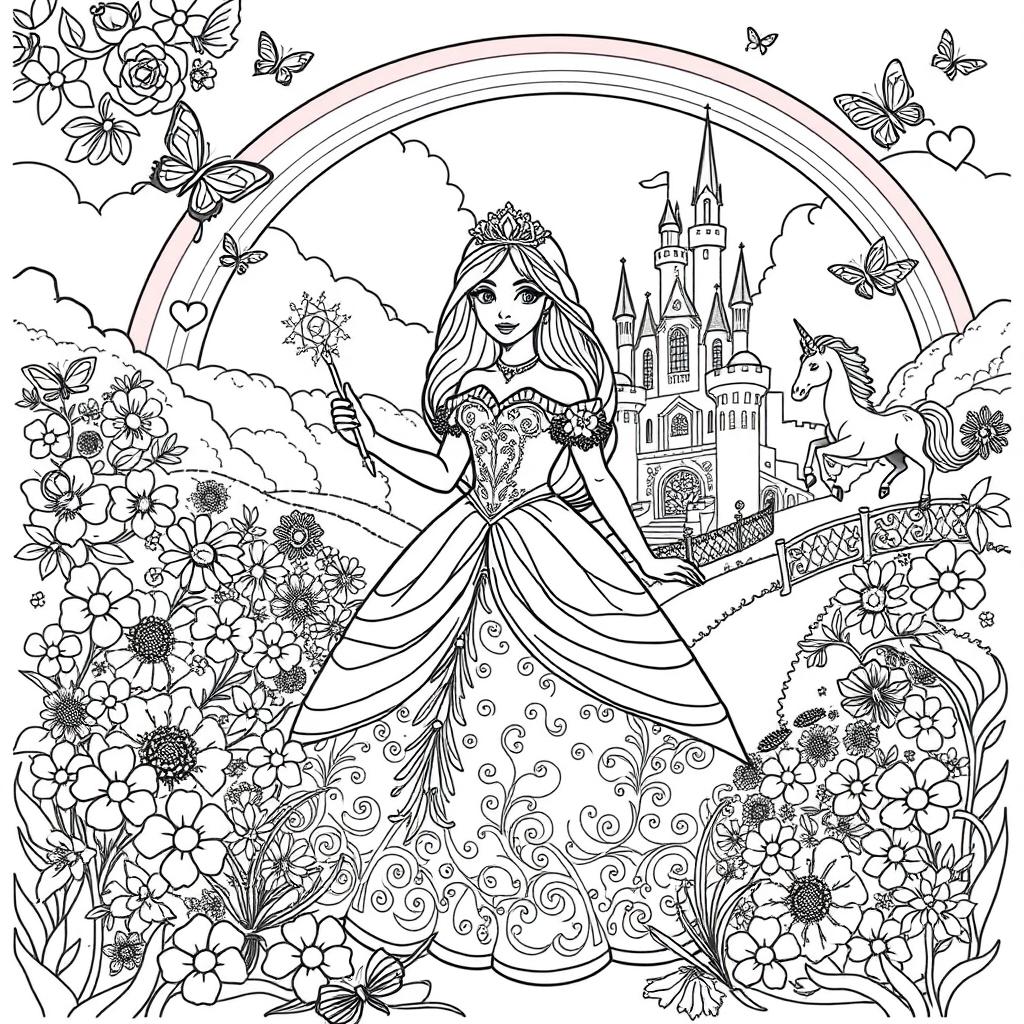 A beautiful and whimsical coloring book page featuring a princess in an enchanting fairy tale setting